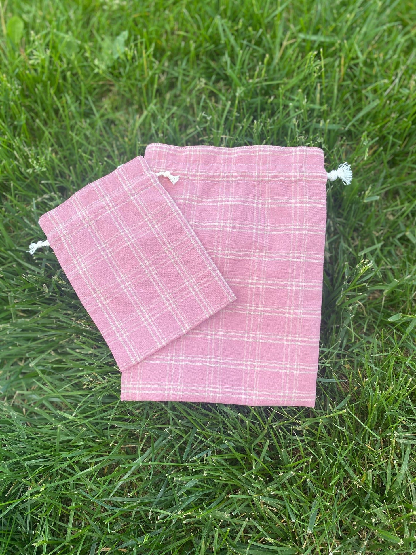 Dark Pink Plaid Drawstring Bags