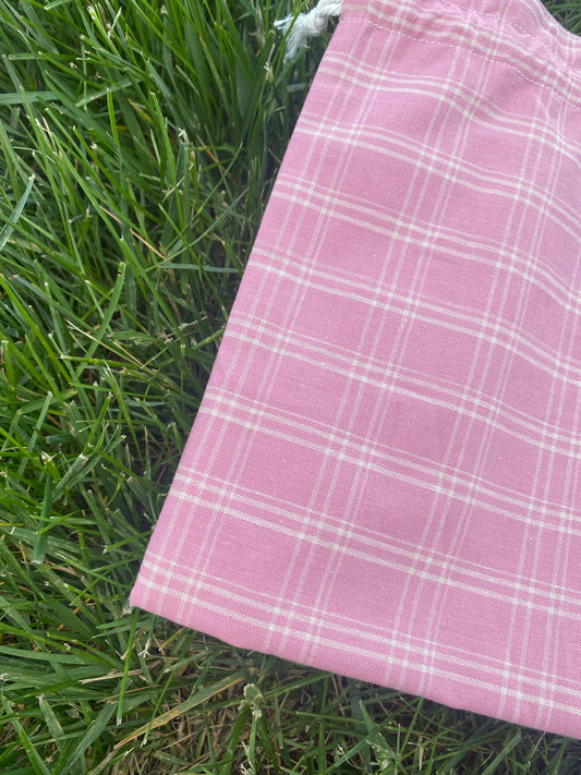 Dark Pink Plaid Drawstring Bags