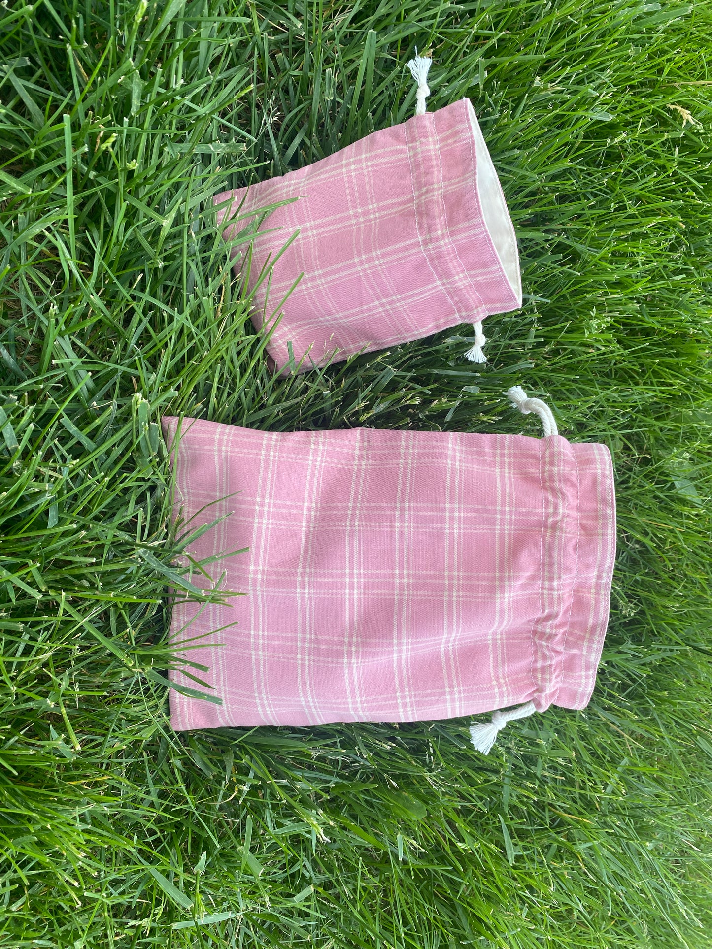 Dark Pink Plaid Drawstring Bags