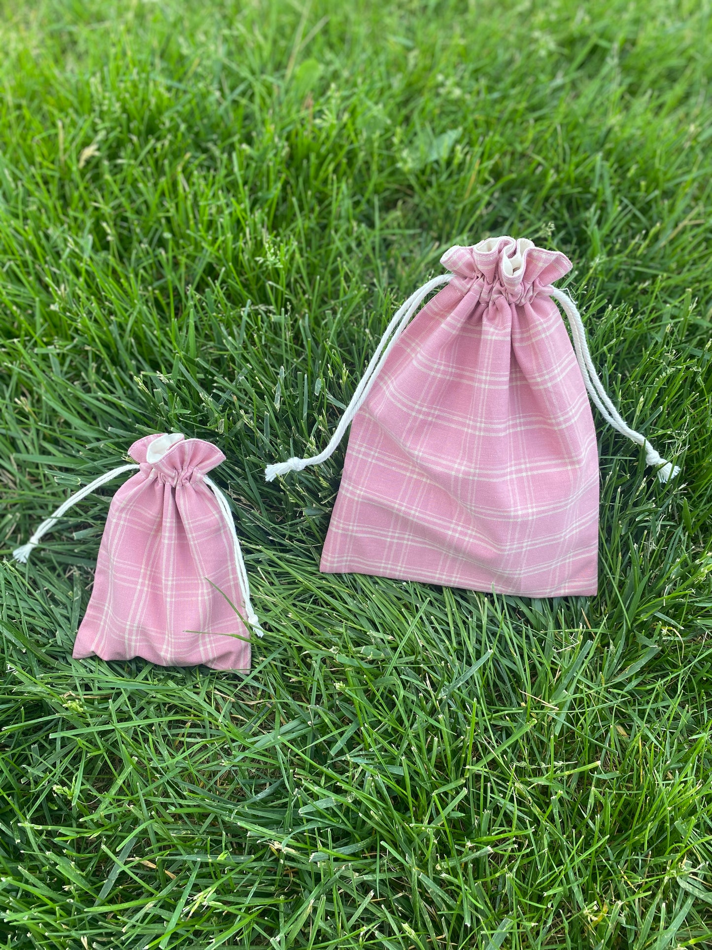 Dark Pink Plaid Drawstring Bags