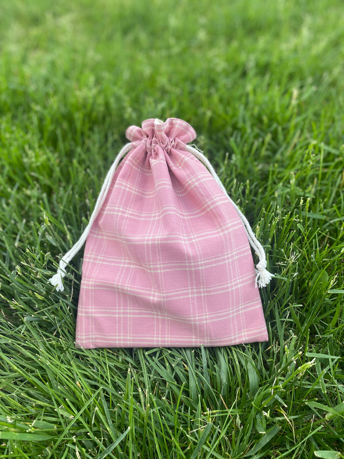 Dark Pink Plaid Drawstring Bags