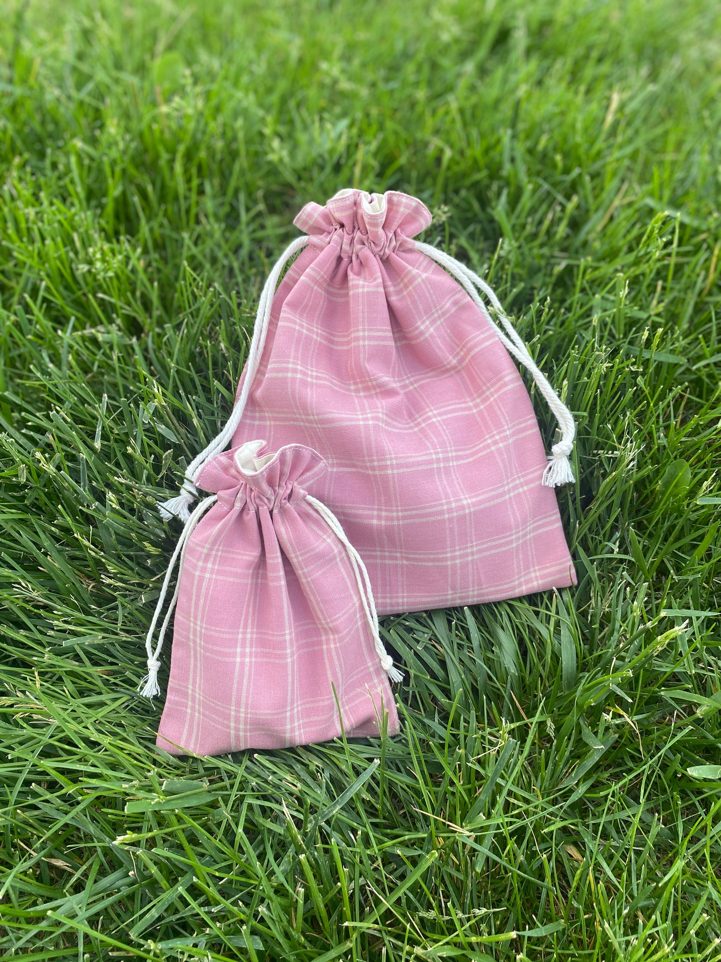 Dark Pink Plaid Drawstring Bags