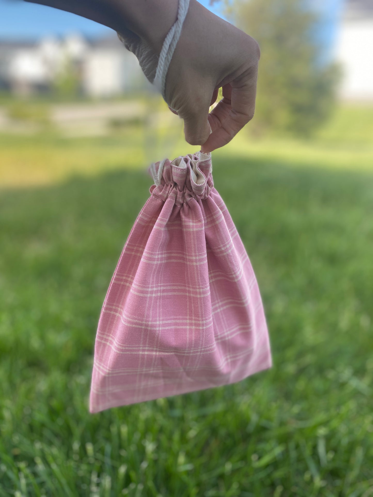 Dark Pink Plaid Drawstring Bags