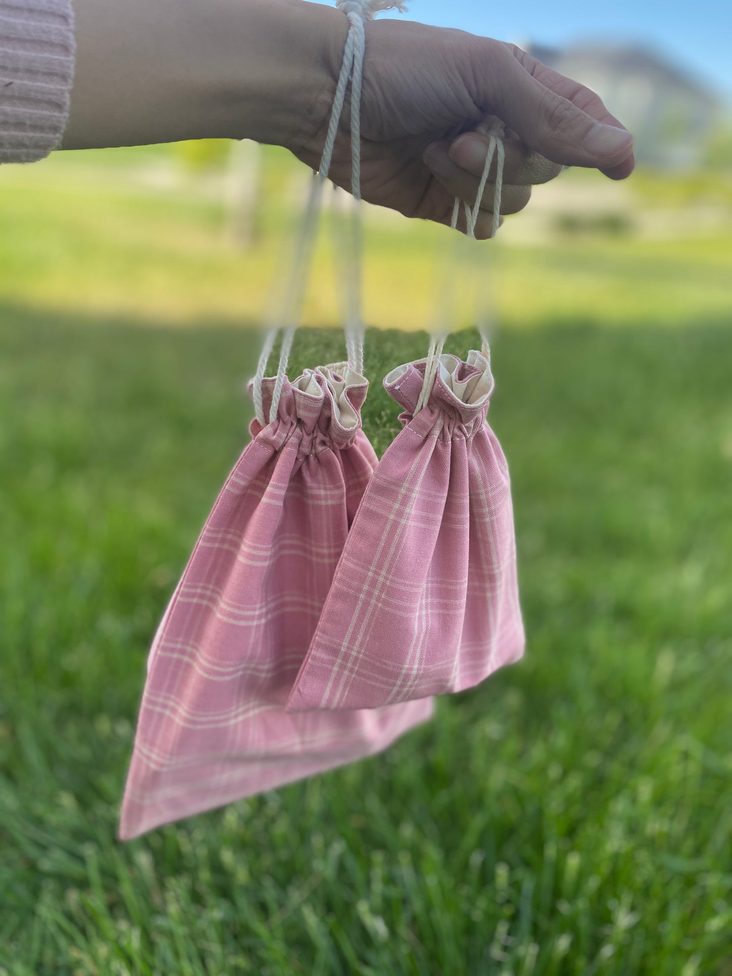 Dark Pink Plaid Drawstring Bags