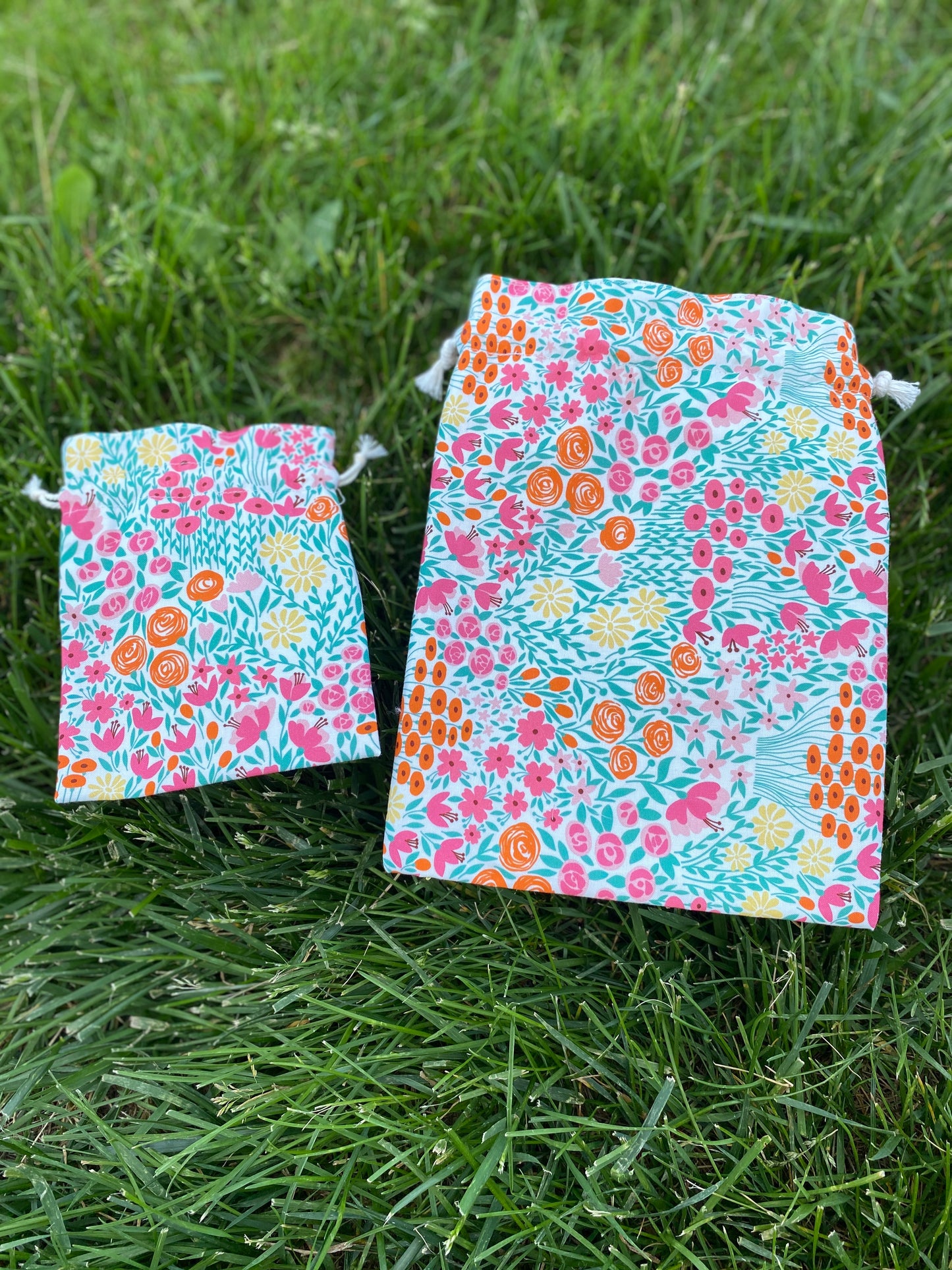 Pink Orange Summer Floral Drawstring Bags