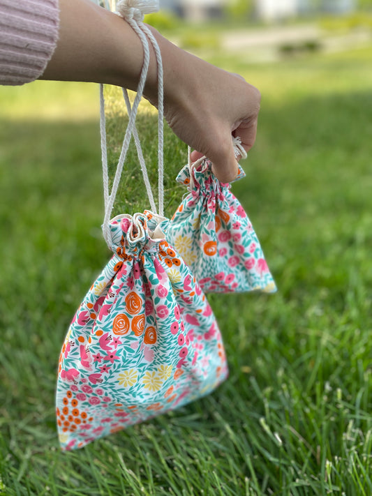 Pink Orange Summer Floral Drawstring Bags