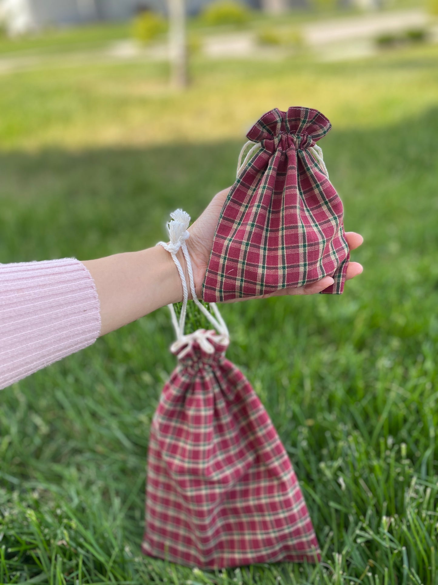Red Plaid Drawstring Bags