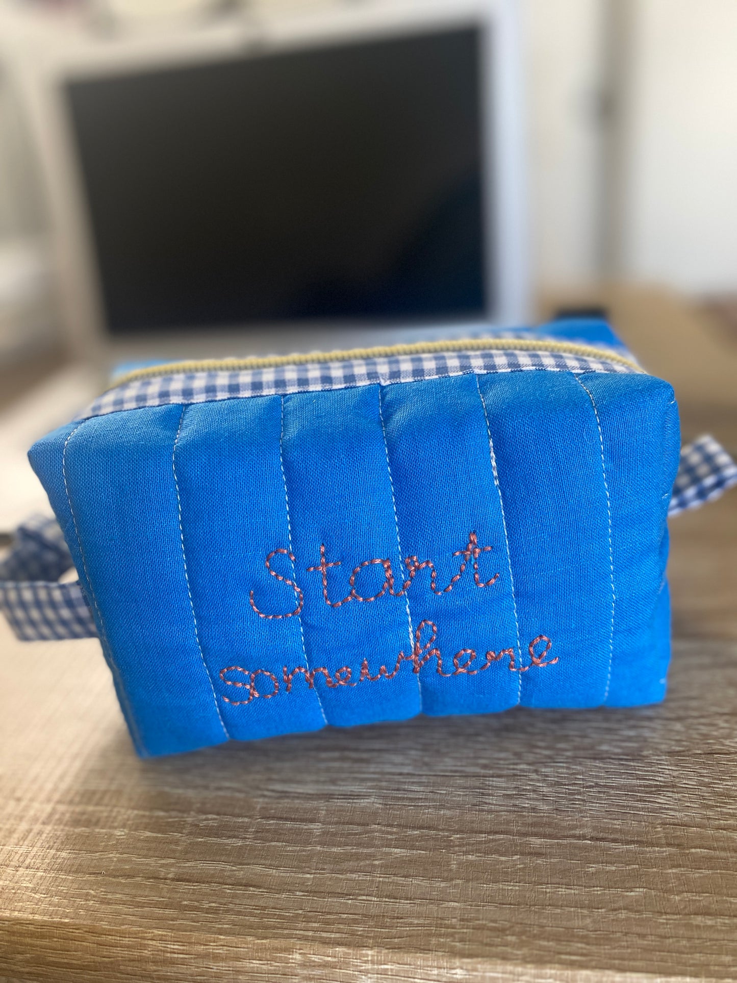 Solid Blue Fun quited/embroidery Pouch