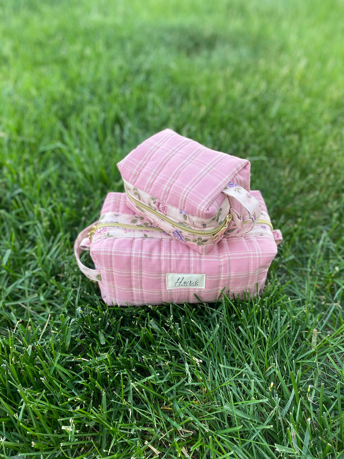 Dark Pink Plaid Toiletry / Travel Pouches