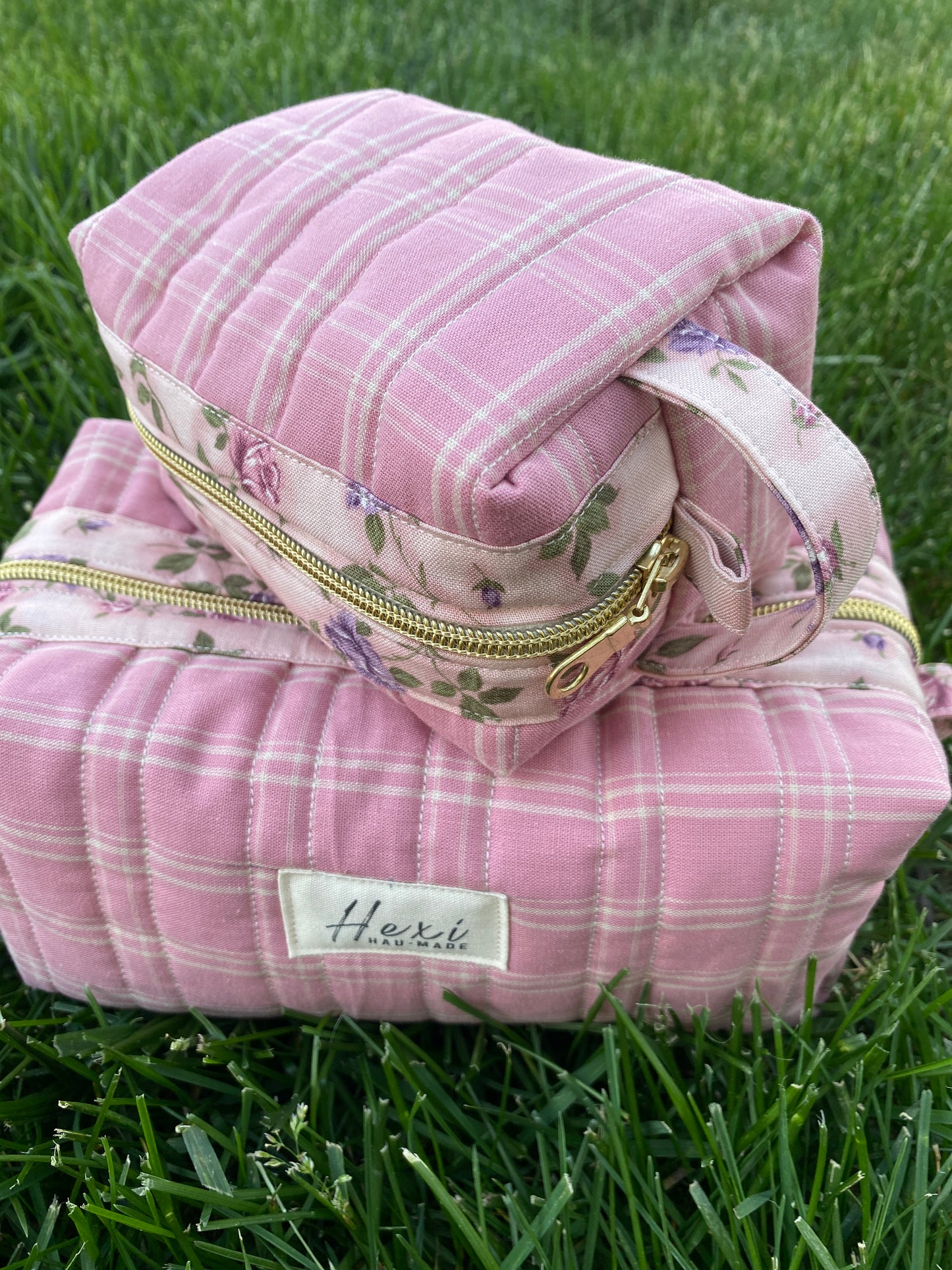 Dark Pink Plaid Toiletry / Travel Pouches