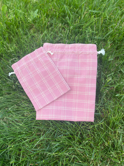 Dark Pink Plaid Drawstring Bags