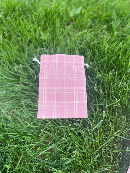 Dark Pink Plaid Drawstring Bags