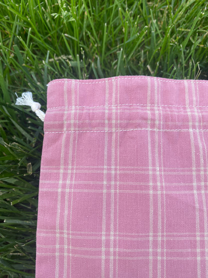 Dark Pink Plaid Drawstring Bags