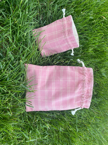Dark Pink Plaid Drawstring Bags