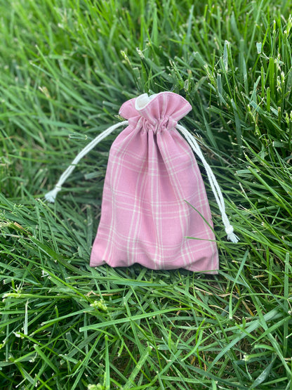 Dark Pink Plaid Drawstring Bags